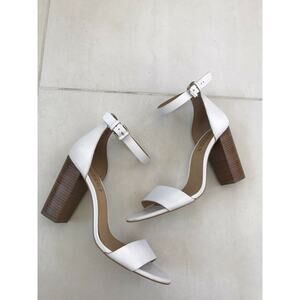 Office London White Leather Ankle Buckle Heels Sandals FLAW